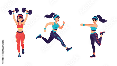 Sticker collection featuring a woman running, lifting weights, and training, ideal for planners, fitness diaries, and modern flat vector lifestyle themes