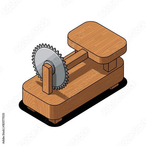 Isometric illustration of vintage hand saw with wooden base and metal blade