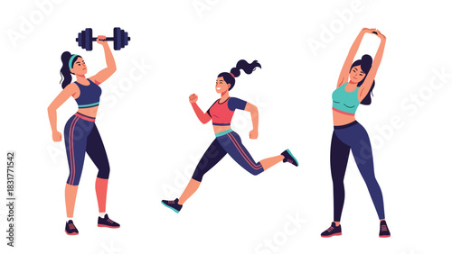 Sticker collection featuring a woman running, lifting weights, and training, ideal for planners, fitness diaries, and modern flat vector lifestyle themes