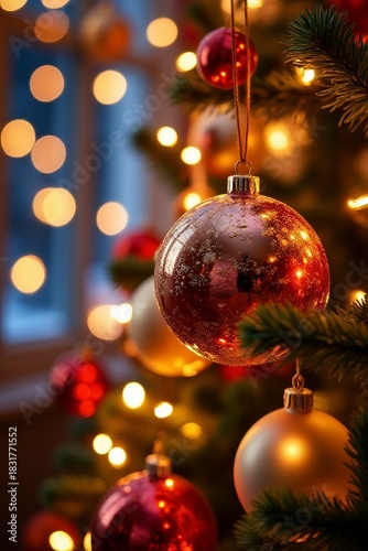 Bolas de navidad, Imagen navideña con decoración festiva, árbol de Navidad, luces cálidas y ambiente acogedor. Diseño ideal para felicitaciones, tarjetas de Navidad, invitaciones y proyectos creativos