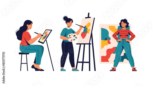 Cute sticker set of a woman drawing, painting, and creating art, perfect for creative planners and artistic flat vector collections