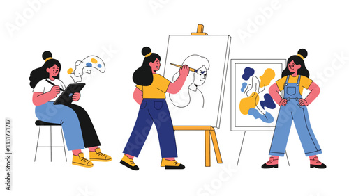 Cute sticker set of a woman drawing, painting, and creating art, perfect for creative planners and artistic flat vector collections