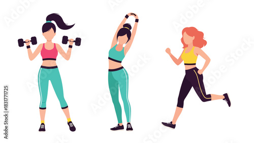 Sticker collection featuring a woman running, lifting weights, and training, ideal for planners, fitness diaries, and modern flat vector lifestyle themes