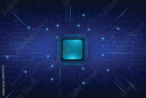 Futuristic Microchip Processor on Blue Digital Circuit Board Background.