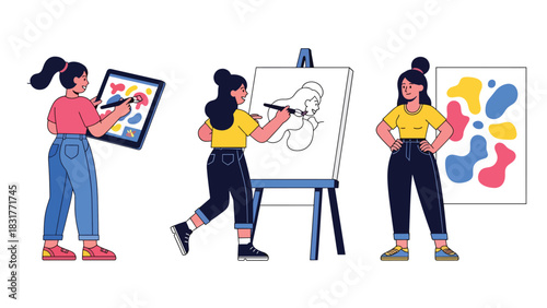 Cute sticker set of a woman drawing, painting, and creating art, perfect for creative planners and artistic flat vector collections