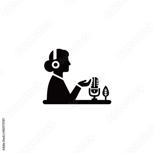 Woman radio host speaking into microphone icon, professional female audio content creator vector