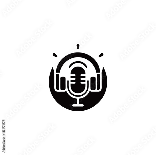 Podcast logo icon with microphone and headphones, minimalist radio and broadcasting vector