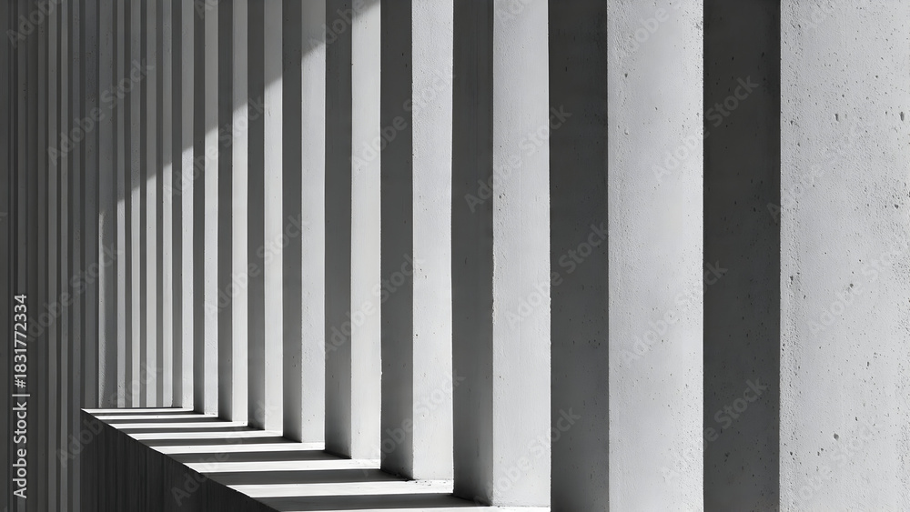Obraz premium A geometric study of a concrete facade with precisely aligned vertical pipes producing crisp tonal contrasts