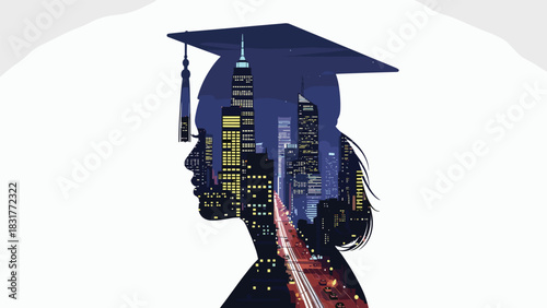 Celebrate educational milestones with this modern graduation graphic featuring a vibrant cityscape, perfect for commencement announcements