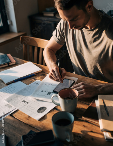 Young Man Doing Paperwork at Home. Focused Work Session with Papers and Coffee in Cozy Home Office