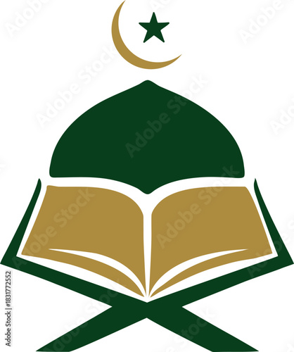 Illustration of an open book with a dome and crescent moon in green and gold on white background