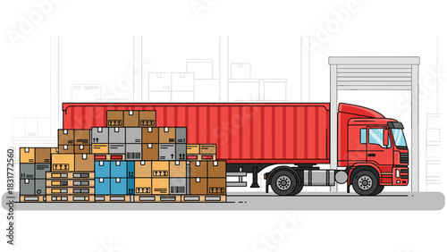 Efficient distribution with red truck and stacked boxes ready for delivery, perfect for illustrating logistics and supply chain solutions