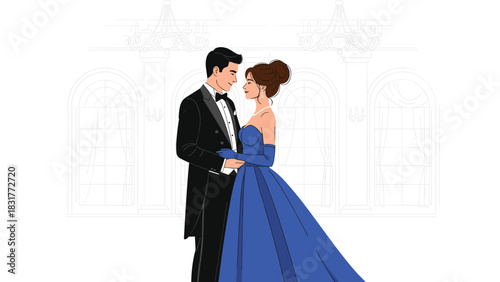 Elegant couple embracing at a grand formal event with chandeliers and arched windows creating a romantic timeless atmosphere