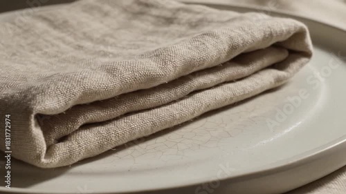 A folded linen napkin rests on a textured ceramic plate