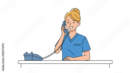 Friendly nurse answering phone call at reception desk ready to assist patients with appointment scheduling and healthcare questions today