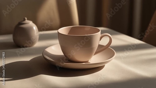 A light pink teacup and saucer bathed in warm sunlight