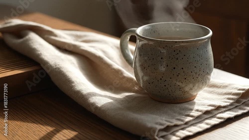 A speckled mug of coffee sits on a cloth on a wooden surface