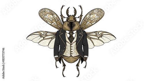 Whimsical beetle character in formal attire for unique branding designs, perfect for creative projects with a touch of quirky elegance