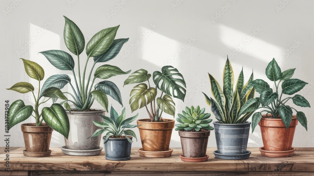 Obraz premium Indoor Plant Collection in Pots on a Wooden Shelf