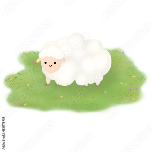 Cute Fluffy Cartoon Sheep on Green Grass Field