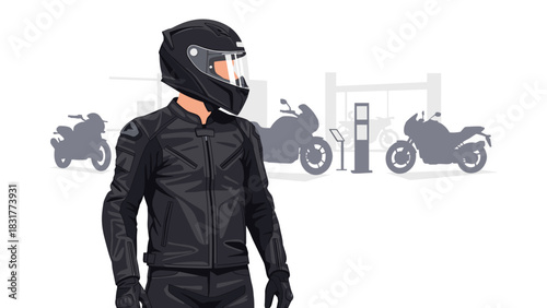 Modern biker in full gear looks out at motorcycles in showroom thinking about his next ride and future adventures on the open road