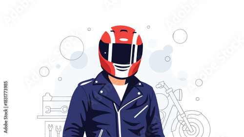 Stylish biker ready for adventure, wearing helmet and jacket near his motorcycle in garage, vibrant illustration for lifestyle brand campaigns