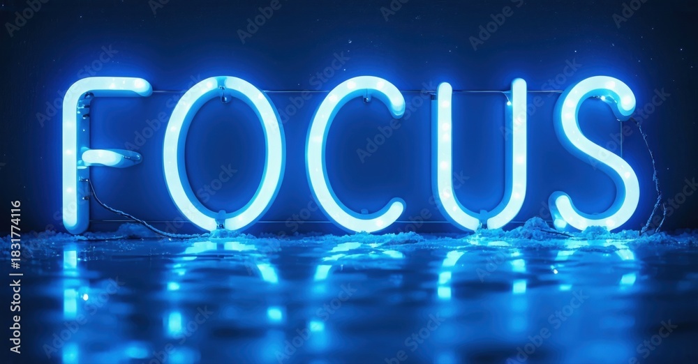 Obraz premium Bright neon sign spells FOCUS. Blue light reflects on dark surface. Minimalist aesthetic, simple message, impactful visual.