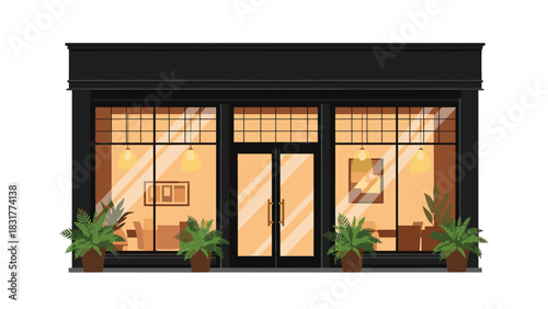 Inviting restaurant or cafe facade with warm lighting and lush potted plants creating a welcoming ambiance for diners and passersby