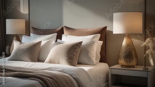 Cozy bedroom with a neatly made bed pillows and lamps