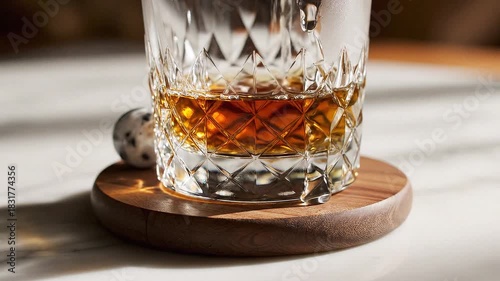 Wallpaper Mural Crystal glass with amber liquid on a wooden coaster Torontodigital.ca