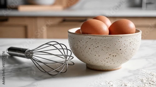 Wallpaper Mural Eggs and whisk on a marble surface with kitchen cabinets in the background Torontodigital.ca