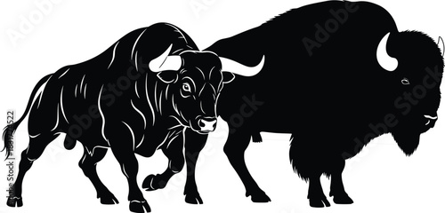 Bull and bison silhouette comparison, horned animal contrast, black vector, muscular vs shaggy, wildlife anatomy, species distinction, nature illustration, livestock concept