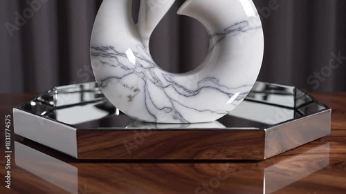 Marble sculpture on mirrored hexagonal tray with wooden base