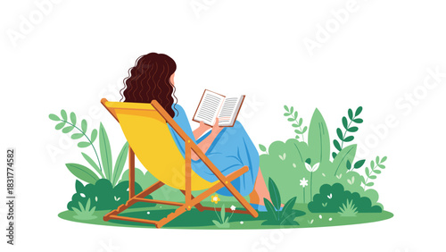 Relaxing afternoon with a good book in the garden, woman enjoying peaceful summer day on a yellow lounge chair surrounded by lush greenery
