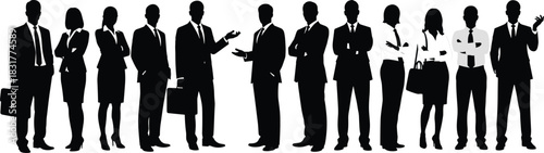 Business professional silhouettes, formal attire group, black vector, corporate team, office culture, briefcase poses, networking concept, career illustration