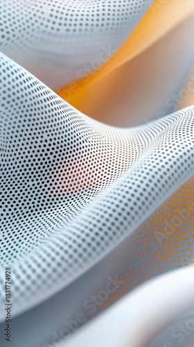 Close-up of a white perforated fabric with an orange and white background. The fabric has a wave-like form, creating a sense of depth and texture.