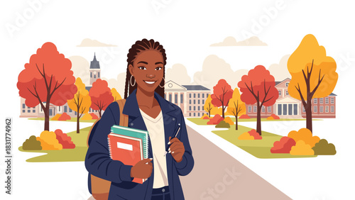 Smiling student with books enjoys campus life on a beautiful autumn day during the school year, ready to learn and succeed at college