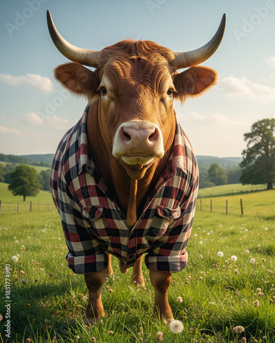 Bull dressed in a checkered shirt 