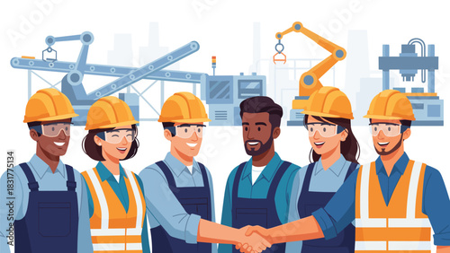 Diverse team of factory workers happily shaking hands in automated production plant, showing unity and collaboration for manufacturing success