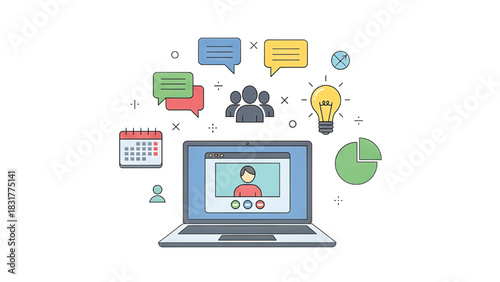 Illustration of a laptop with video call participants and icons representing communication, collaboration, and ideas for business or education