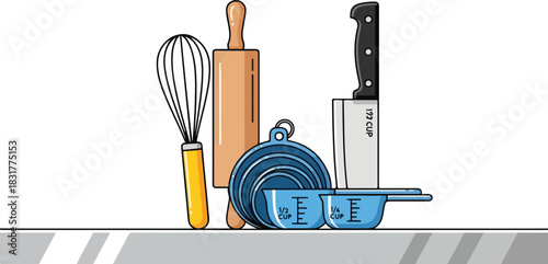 Illustration of kitchen utensils and baking tools on a countertop