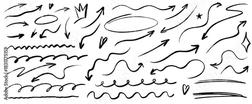 Hand drawn underline and arrow set with rough crayon strokes, soft drawn textures and pen marks, mixing underline clarity with arrow energy and crayon style.