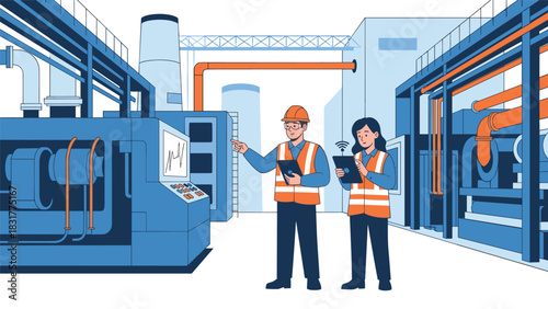 Two engineers inspecting machinery with tablet in modern factory setting for quality control and efficient industrial operations management