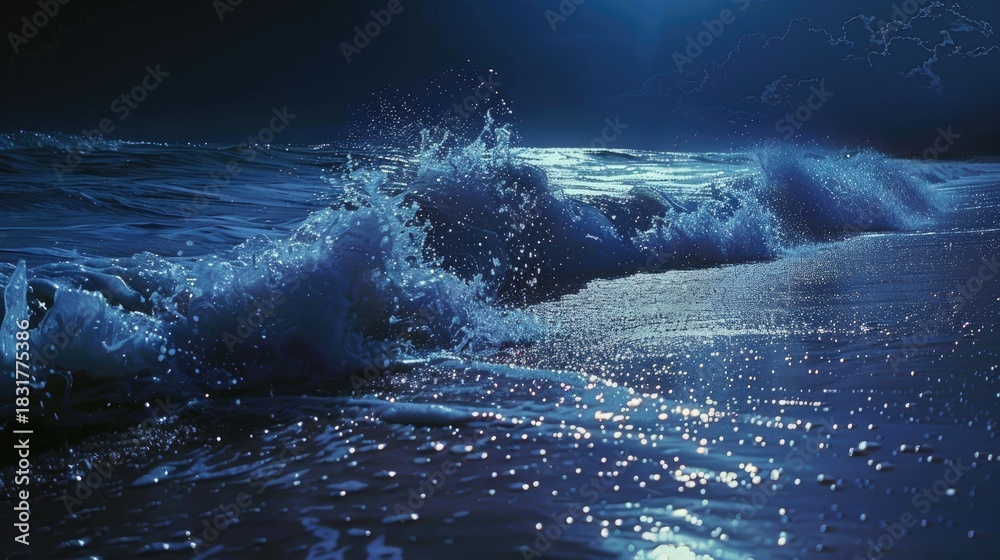 Fototapeta premium The waves under the night starry sky are gently shimmering in the rays of moonlight. Beautiful night landscape.
