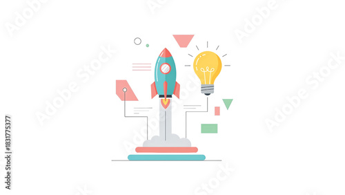 A vibrant illustration of a rocket launching, symbolizing startup ideas, innovation, and new beginnings, with a glowing lightbulb representing inspiration