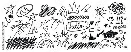 Black White Garden Study, Floral Doodle Artboard, Line Nature Sketch Scene