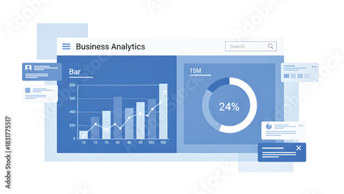 Modern Business Analytics Dashboard with Bar Chart and Pie Chart Showing Data Insights and Financial Performance