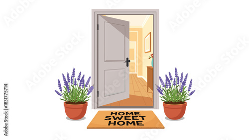 Welcome home with lavender and an inviting open door, bringing a sense of warmth and comfort, perfect for real estate or lifestyle promotions