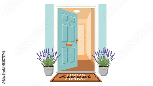 Welcome home with open door and lavender plants creating a cozy and inviting entrance, perfect for real estate marketing and home decor inspiration
