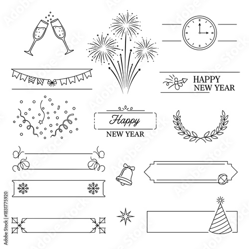 New Year celebration elements with fireworks, banners, and decorations  